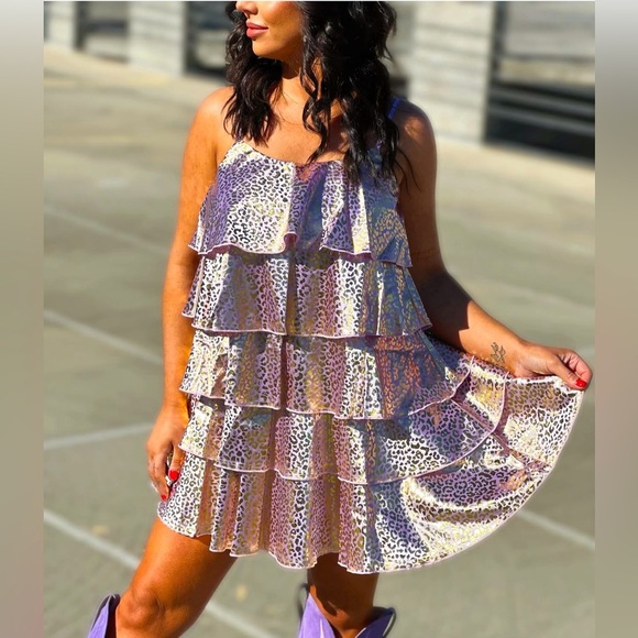 NWT SFC Lavender Gold Metallic Animal Leopard Print Ruffled Tiered Dress L - Picture 1 of 9